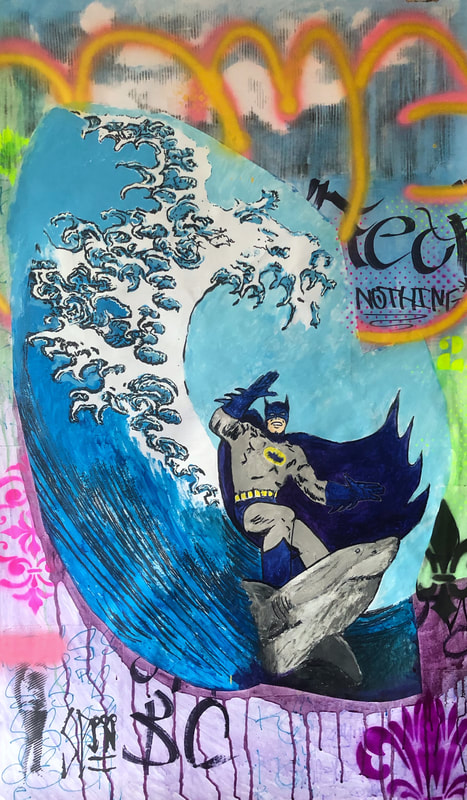 Batman, old tv series, batman 66, comics, homage, shark, fear, surfing, hokusai, kanagawa, great wave, graffiti, streetart, popart, blue tones, sexy girl, baldessari inspired, lichtenstein inspired, cicero spin