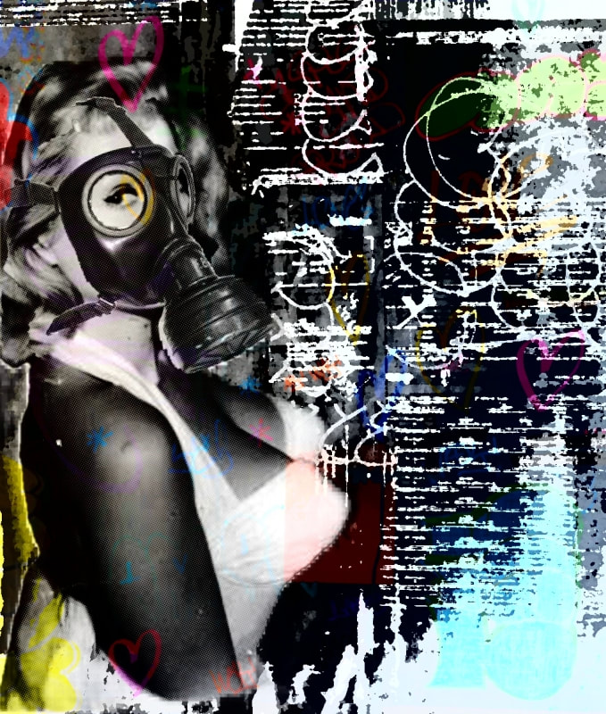gas-mask, gas-mask-girl, digital-art, graffiti, chiaroscuro, vandalism, street-art, pop-art, dystopia, aftermath, the day after, fallout, pin up, book pages background, graffiti-throwies, war zone, cicero spin