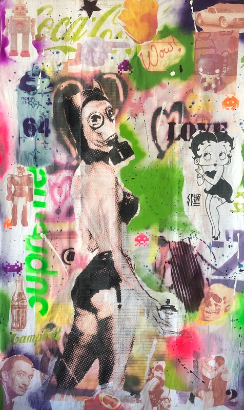 Betty Boop,
robot,
batgirl,
supreme,
dali,
chanel,
gas mask,
spray can,
kiss,
space invaders,
lingerie,
batman, urban aesthetics, graffiti tagging, white background, contemporary art, urban decor