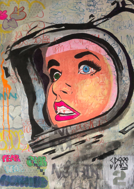 women, astronaut, comics, pink, lips, heterochromia, space-exploration, street-art, pop-art, graffiti, throw-ups, graffiti-bombing, lichtenstein-inspired, cicero-spin.