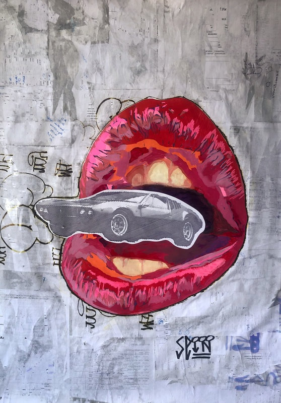 de-tomaso, mangusta, sexy-lips, graffiti, recycled-paper, mix-media, pop-surrealism, pop-art, susteinable-art, handmade, unique, car-lovers, sports-cars, vintage-cars, acrylic-painting, algorithm-art, collage, cicero-spin