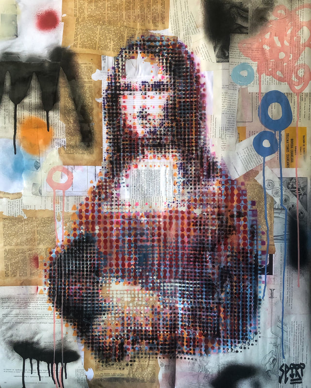 monalisa, leonardo-da-vinci, old-masters, algorithm-art, stencil-art, collage, mix-media, recycled-paper, book-pages, pixel-art, spray-paint, mix-media, dripping-paint, street-art, pop-art, famous-paintings, sustainable-art, cicero-spin
